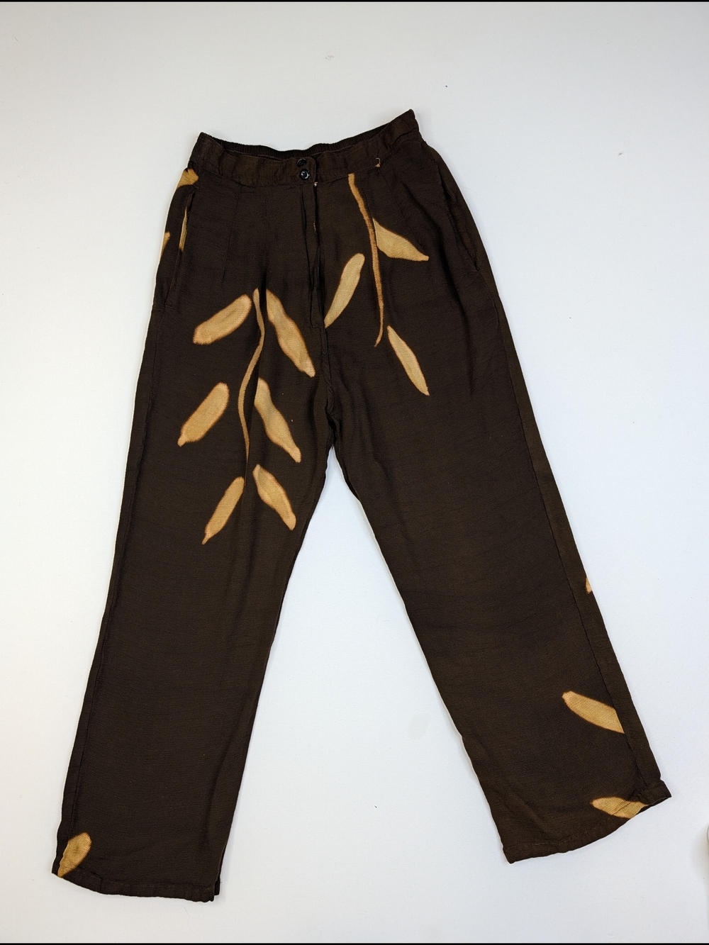 VTG Papillon Rayon Blanc Brown Wide-Leg Pants with Tan Leaf Print